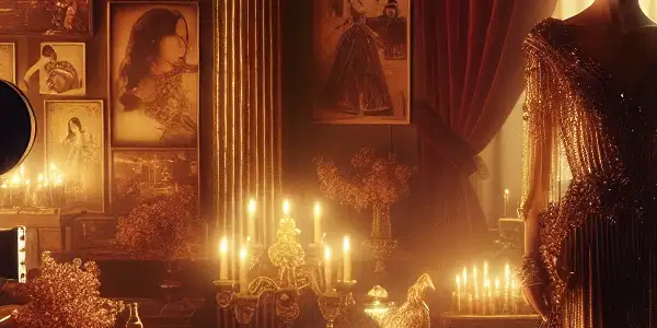 A glamorous Japanese actress in a luxurious, softly lit room, embodying beauty and confidence amidst cinematic elements.