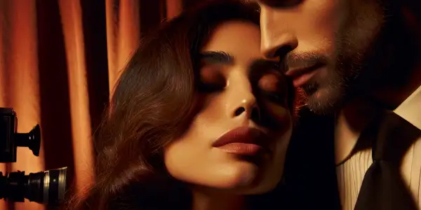 A stylish couple in an intimate embrace, set against a dramatic, nostalgic film backdrop with warm lighting.