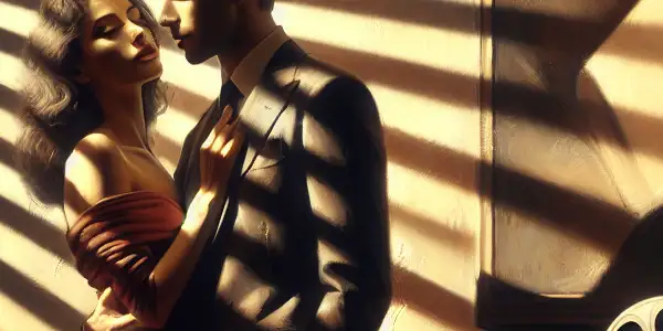 An intimate scene of a stylish couple in a dimly lit room, conveying passion and desire amidst film set elements.