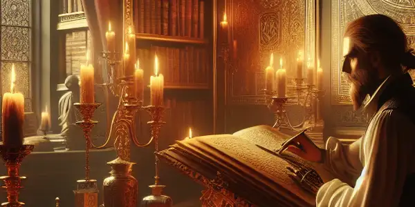 A mysterious scholar examines a manuscript in a dimly lit library filled with ancient books and cryptic symbols.