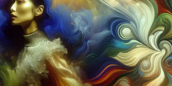 A vibrant poster featuring a captivating character in an elegant outfit, set against a colorful, abstract landscape.