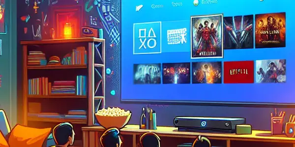 A cozy living room with friends enjoying a movie night around an Xbox, featuring popcorn, warm lighting, and diverse movie posters.