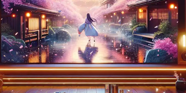 A modern living room with a large screen showcasing a vibrant Japanese film, inviting ambiance, and cultural decor.