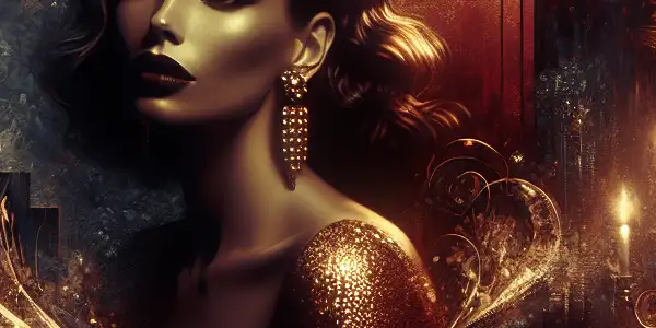 A glamorous female protagonist in a seductive, atmospheric film set, embodying charisma and intensity.