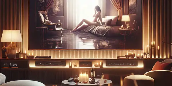 A stylish living room featuring a high-definition screen displaying a romantic AV film scene, with elegant decor and intimate lighting.