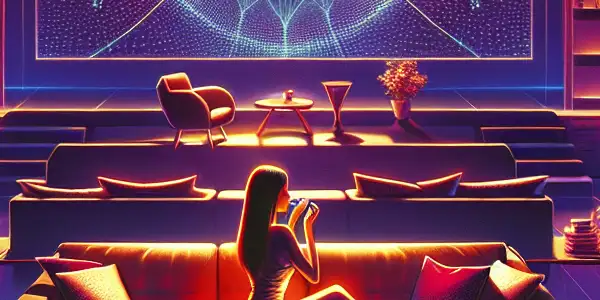 A modern living room scene featuring a person watching abstract visuals on a high-definition screen, symbolizing safe adult entertainment.
