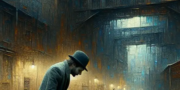 A troubled young man in a shadowy 19th-century St. Petersburg, surrounded by symbols of guilt and inner turmoil.