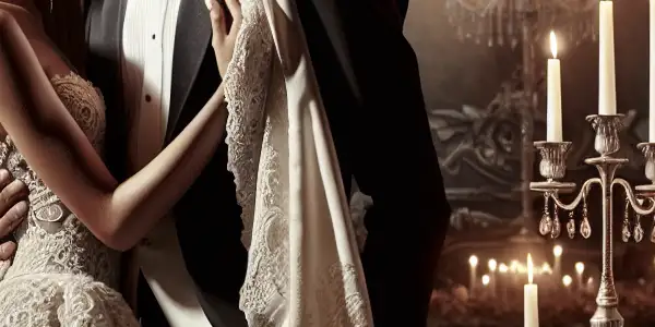 A passionate couple embraces in a luxurious wedding venue, surrounded by elegant decor and romantic candlelight.