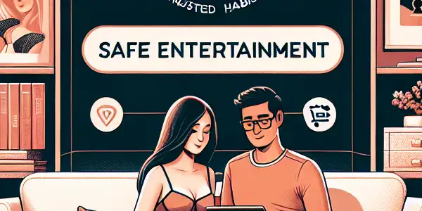 A cozy adult room with a couple using a tablet for safe entertainment, featuring contraceptives and a relaxed atmosphere.