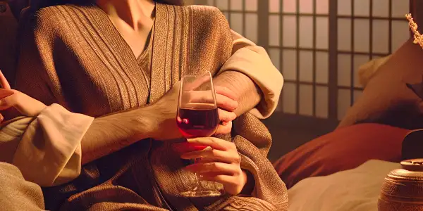 A couple in a passionate embrace in a cozy, romantic bedroom adorned with rose petals and candles.