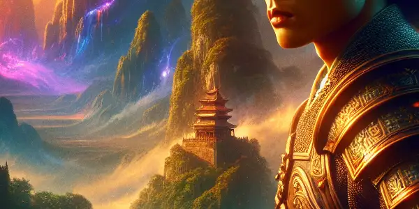 A young warrior in ornate armor stands at a mountainous landscape, surrounded by ancient architecture and mystical elements.