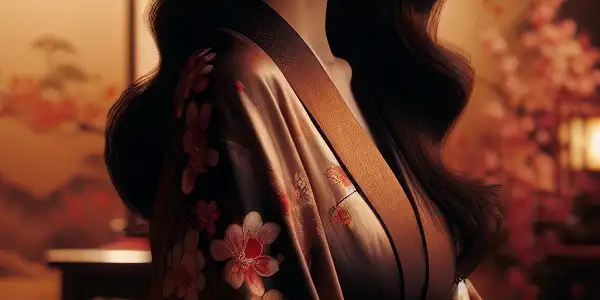 A poised woman in a silk kimono, exuding elegance in a romantic, softly lit Japanese interior.
