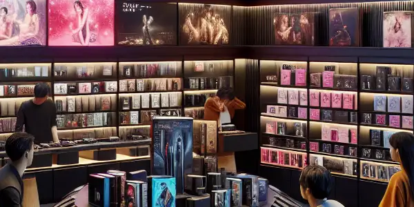 A modern adult toy store featuring vibrant displays, a cozy viewing area, and diverse customers exploring products.