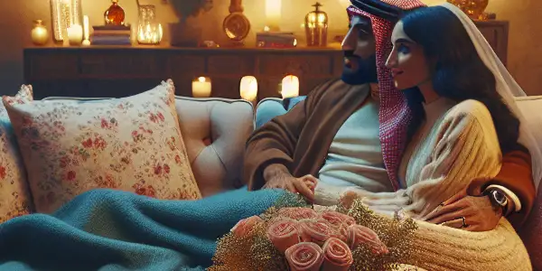 A cozy living room with a couple watching a romantic film, surrounded by soft lighting and intimate decor.