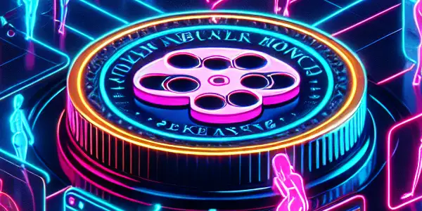 A futuristic virtual marketplace showcasing "No Lag Adult Coins" surrounded by symbols of adult films and streaming options.<a href=