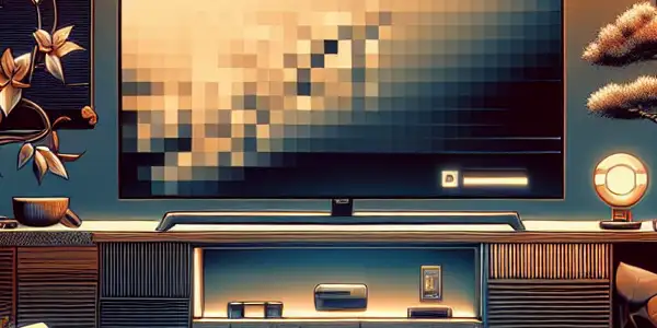 A modern living room setup for discreet adult film streaming, featuring soft lighting and Japanese decor.