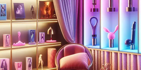 A cozy adult toy shop featuring colorful displays, comfortable seating, and screens showing tasteful adult films.