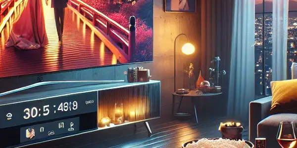 Cozy modern living room with a TV displaying a romantic film, soft lighting, and inviting decor.