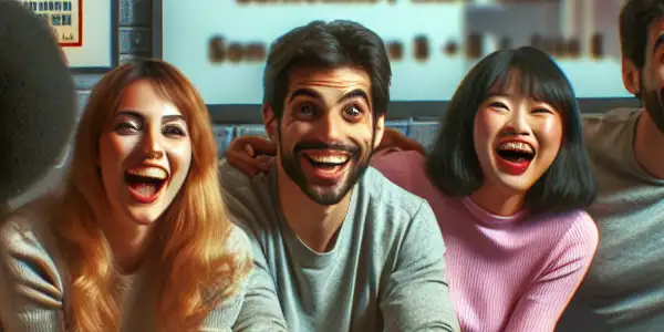 A diverse group of friends joyfully plays a guessing game about Japanese adult films in a cozy living room.