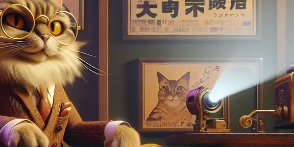 A cozy room with a cat watching vintage films, surrounded by popcorn and Japanese film posters.