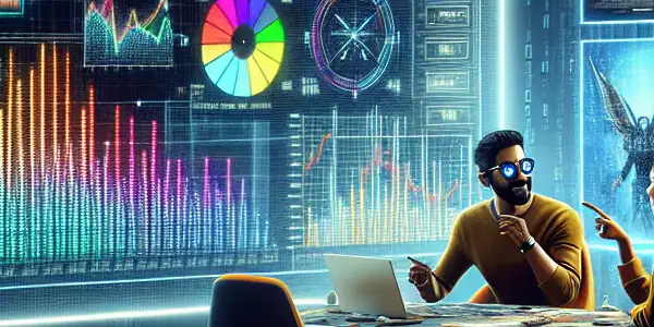 A diverse group of film analysts discussing box office trends in a modern film studio filled with data screens.