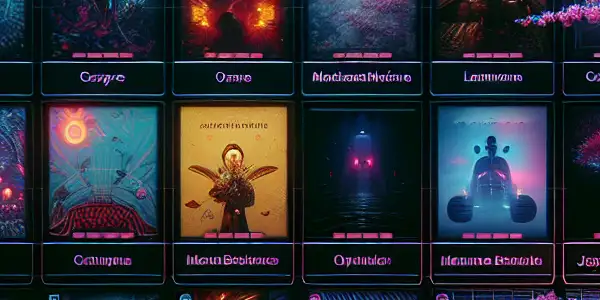 A modern film platform interface featuring vibrant thumbnails and a blend of mainstream and Japanese adult film motifs.