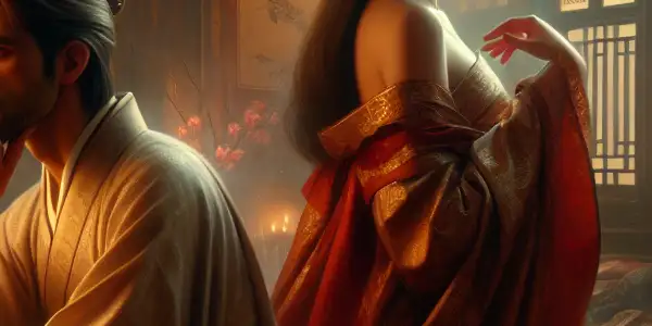 A passionate encounter between a handsome scholar and a beautiful woman in an opulent, ancient Chinese study.