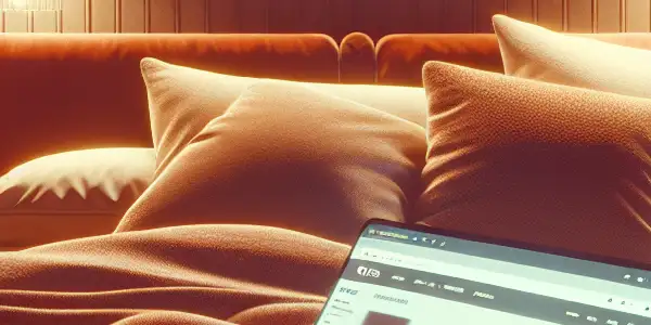 A cozy bedroom with a laptop displaying an abstract adult film website, surrounded by soft pillows and warm lighting.