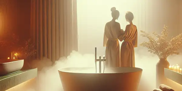 A luxurious bathroom scene featuring two figures playfully interacting in a steamy, intimate atmosphere with elegant decor.