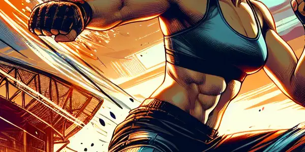 A powerful female fighter in an action pose, set against a dramatic urban sunset, exuding strength and allure.