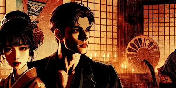 A dimly lit intimate room featuring two characters in stylish clothing, evoking passion and tension with classic Japanese decor.