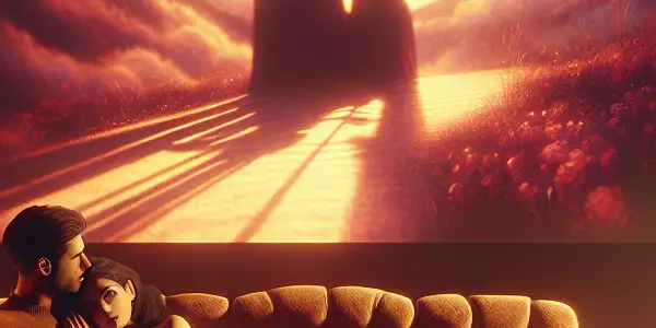 A cozy, dimly lit room with a couple sharing a tender moment, surrounded by romantic decor and cinematic elements.