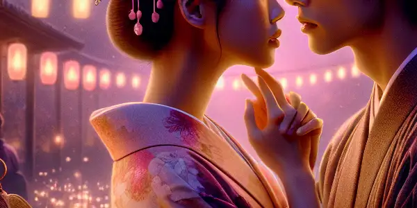 A romantic couple in traditional Japanese attire shares an intimate moment in a twilight garden filled with cherry blossoms.