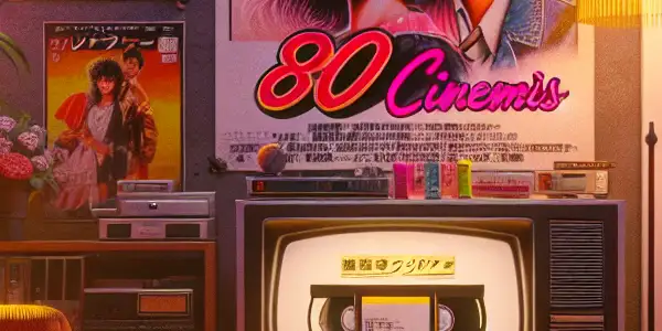 A cozy 1980s living room with retro decor, a vintage TV, and a nostalgic movie night setup.