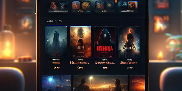 A modern mobile app interface for a movie streaming platform featuring adult films, with a cozy home theater background.
